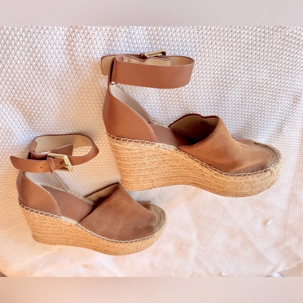 MARC FISHER Adalyn Espadrille Wedge Sandal Tan Leather Sandals Women’s Shoes